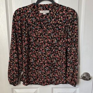 LOFT Women's Floral Blouse - Black with Red and Blue